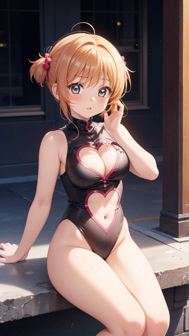 masterpiece, best quality, highres, 1girl, detailed face, blush, anime CG style, (medium breasts), (18 year old girl:1.3), (aged up), good lighting, perfect body, sakura kinomoto, glossy lips, leotard, heart cutout, cleavage cutout, clothing cutout