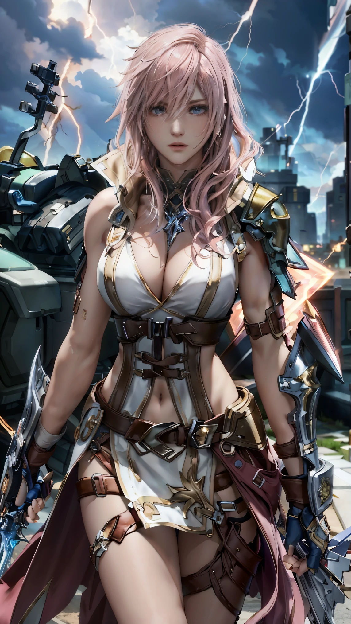 (masterpiece, best quality:1.3) lora:epi_noiseoffset2:1,lora:LightningFF13:0.8 LightningFF13, 1girl, solo, long pink hair, revealing battle attire, exposed midriff, thigh-high boots, alluring pose, confident expression, seductive gaze, (bare shoulders, delicate collarbones), (detailed body lines, soft skin highlights), (standing against a stormy backdrop, lightning bolts illuminating the scene).