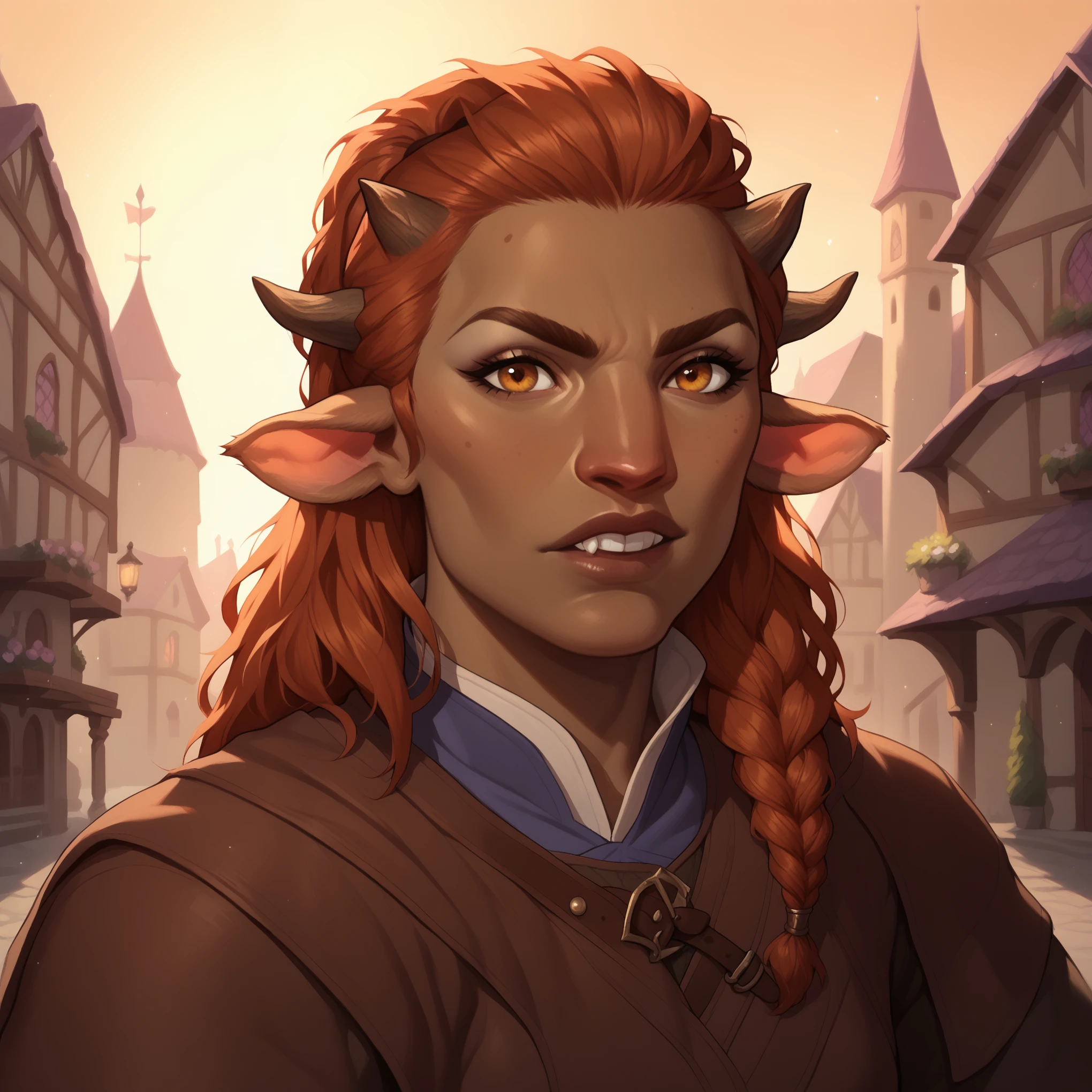 (((beautiful, high quality, comics style, detailed face))), score_9, score_8_up, score_7_up, BREAK, 1girl, Firbolg, furry, big nose, animal ears, small horns, brown skin, solo, portrait, upper body, portrait, serious expression, bearing teeth, medieval city background, fantasy, (dynamic lighting:1.1) ((masterpiece))