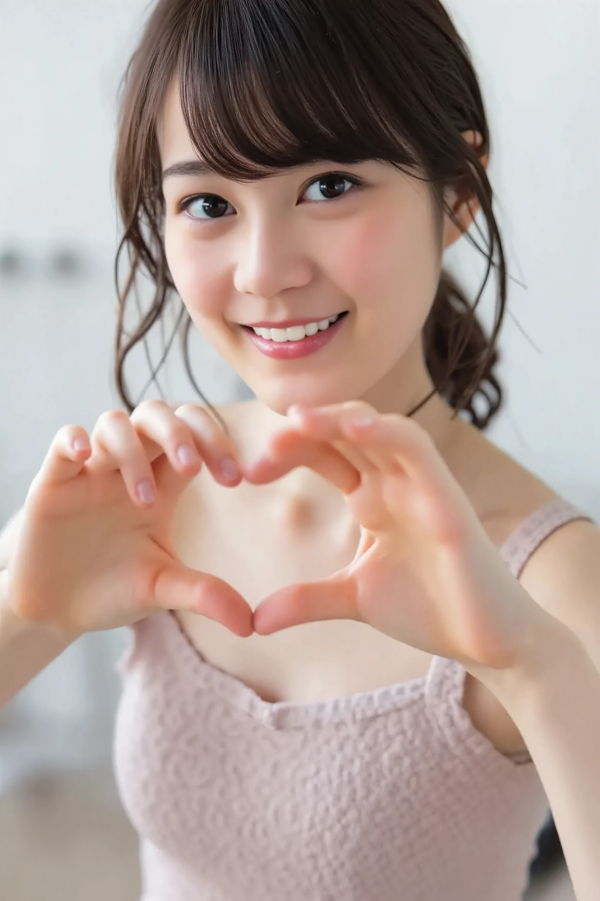 She is in a pose wearing a sexy camisole, making a firm big heart shape with both hands, and holding it in front of her chest, Cute smile up

