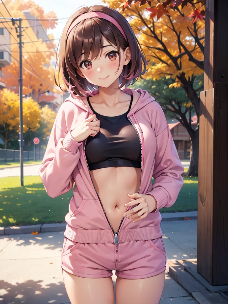  Kampala,cute, Brown Eyes ,Brown Hair,20-year-old woman,solo,Five beautiful fingers,Pink sports bra,Pink shorts,Pink hair band,smile,B Cup, short hair, looking at the camera ,Blurred Background,morning,Autumn park,Wear a zip-up hoodie,