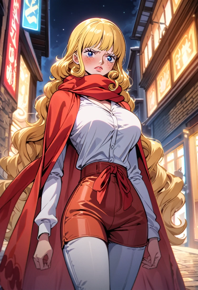  anime style one piece , female character, lips curly ,  subtle freckles under the eyes , blue eyes, blush on the cheeks, sad face,  very long blond hair braided ,  large breasts ,  High resolution,  white shirt with long sleeves and long buttons on the front, scarf tied around the neck,  red high-waisted pants highlighting the thin waist , knee-length boots , night,  detailed bottom 