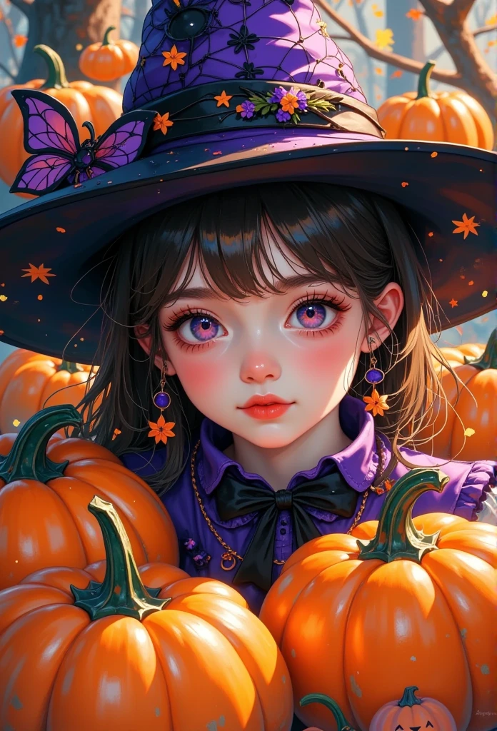 a close up of a child in a witch costume surrounded by pumpkins, a picture by Andreas Rocha, trending on cgsociety, fantasy art, witch girl, halloween art style, scarry but bewitching, witch fairytale, adorable digital painting, portrait of a young witch girl, 🍂 cute, bright witch, 🍁 cute, witchy, cute detailed digital art