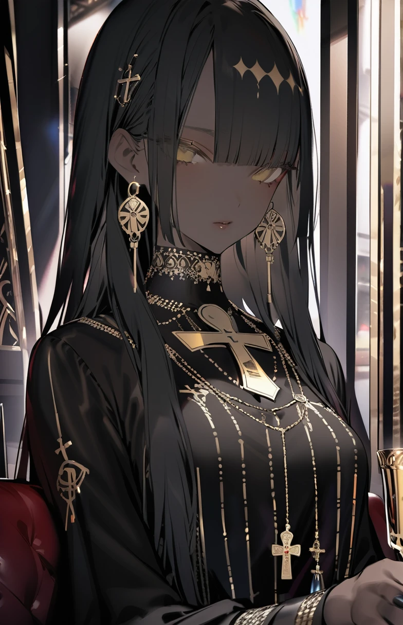 masterpiece,  Best Quality , 1 Girl, Alone,  JEWELRY, Dark Skin Tone, Black Hair,  earrings with cups,   upper body, chest,  watching the audience, Long Hair,  dark-skinned woman, Ankh, bangs, cross, Black Nail,  yellow eyes,  necklace , nail,  mouth,  black dress, blunt bangs, dress,  clevis, nail polish,  Long Sleeve  
////////, 