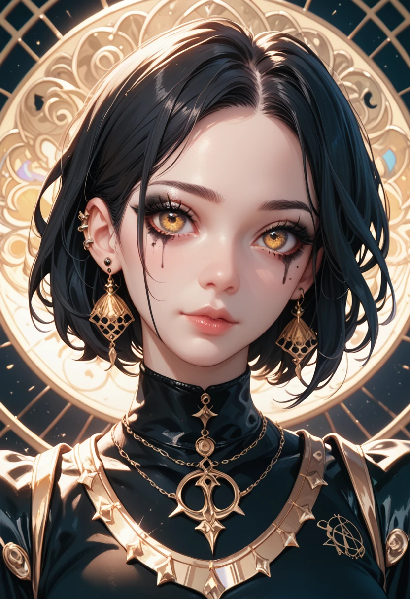 1woman, LONG black hair and white hair, yellow eyes, golden accessoires and piercings, e-girl makeup, goth clothes, gold and black tarot backdrop