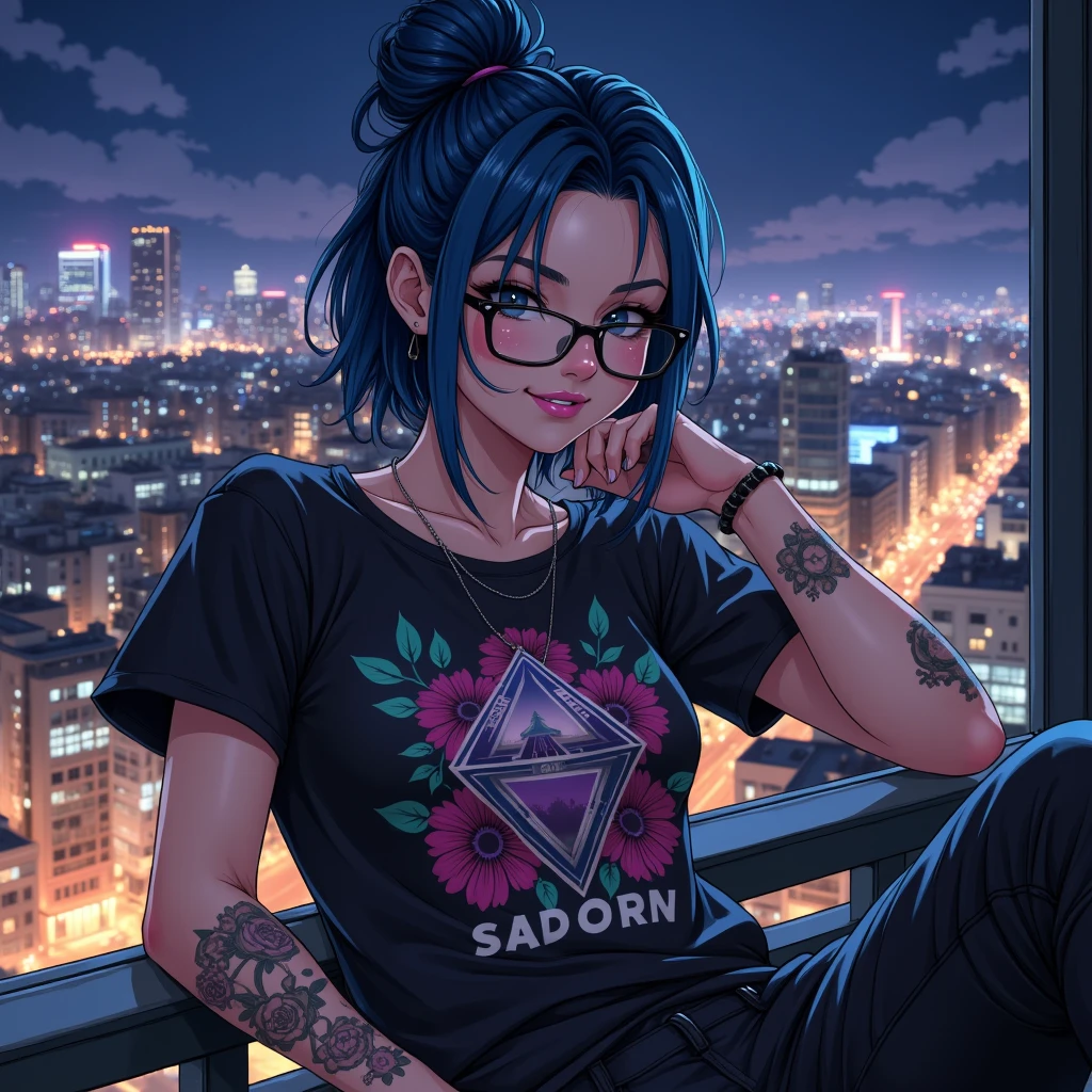 one night, Anime style, a woman, with dark glasses, which make it impossible to see her eyes. sitting, smiling, not looking at the camera, not looking at the viewer. on top of a building, full of lights. hair tied up, blue hair, lip piercing, purple lipstick, freckles on her face. floral tattoos all over the body.  urban clothes, cocoon. printed pyramid t-shirt, golden ratio, animation details, beautifully, trends QuixelMegascans, perfect image, ultra high resolution, perfect composition, detailed, super color, (high detail skin: 1.2), 8K Ultra HD, soft light, High Quality , film grain,

