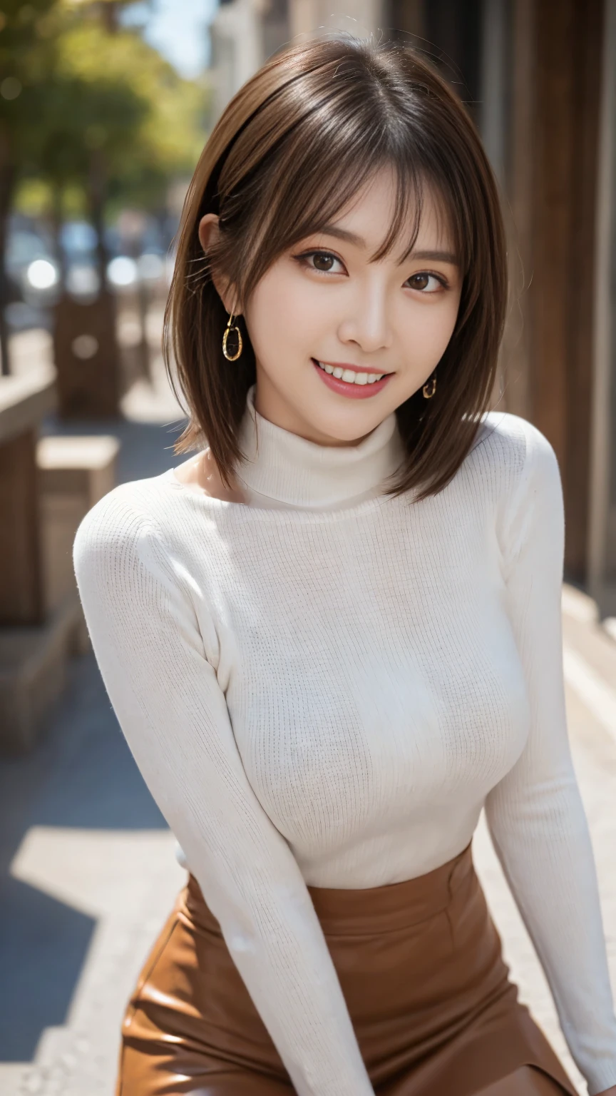 Highest quality, masterpiece, Ultra-high resolution, (Realistic:1.4), Beautiful woman, ((Big Breasts:1.3)), (((Short Bob))), (((Brown ash))), Beautiful Skin, Fine skin, 魅惑的なsmile, Background blur, smile, Hair over the ears, beautiful girl, Fair skin, Voluptuous, Plump body, (Highest quality、Tabletop、8K、Best image quality、Award-winning works)、1 female、(Perfect sleeveless turtleneck knit sweater dress in random colors:1.3)、(short hair:1.1)、(Baby Face:1.2)、最大のsmileが私を見て、(Big Breasts:1.2)、Exactly、(Accentuate your body lines:1.2)、Low length、(Glamorous Body:1.2)、(Chubby body type:1.2)、優雅で美しい窓辺にStanding Elegantly.、(Standing Elegantly:1.2)、(Elegant and beautiful curtains:1.1)、(Perfectly organized and beautiful windows in a new home:1.1)、Refresh Window、(A refreshing view from the window:1.1)、New beautiful wall、Natural Makeup、Ultra-high definition beauty face、Ultra HD Hair、Ultra-high definition sparkling eyes、(Ultra-high resolutionの光沢の肌:1.1)、Ultra-high quality glossy lips、(Accurate anatomy:1.1)、(very bright and vivid:1.4)、(Bright and beautiful skin:1.4)