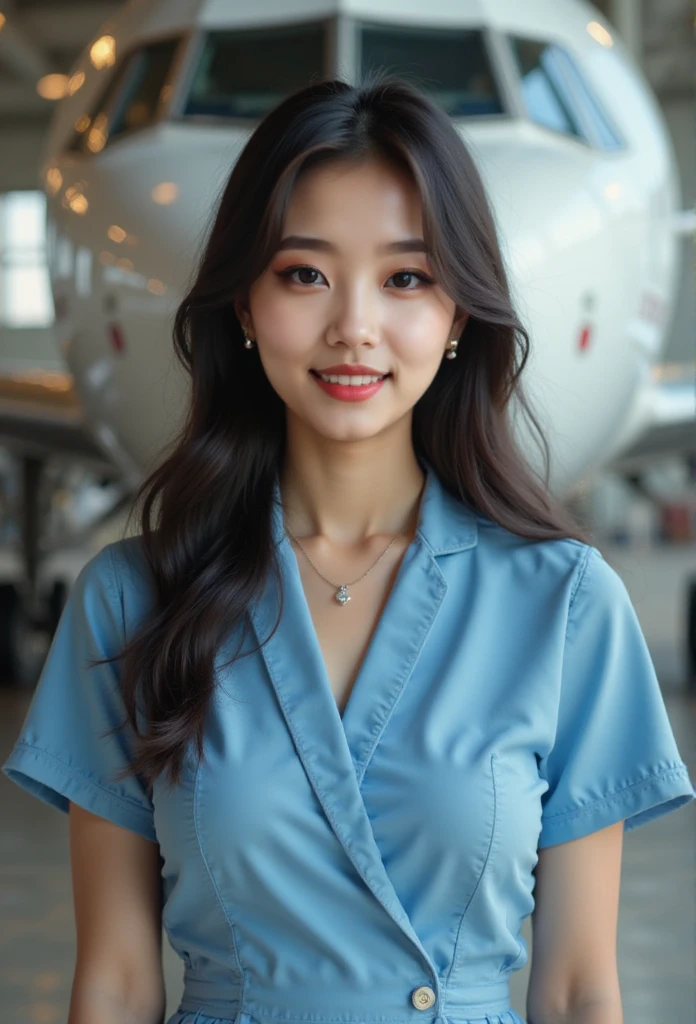 realistic image, Lovely Korean woman, 20 years old, White skin, Korean makeup, Double eyelids, Naturally colored hair ,  wearing small earrings on the ears, Thin necklace, Black straight long hair, Large bust,  wearing sky blue flight attendants , [Thin face, A faint smile, Upper body image,  standing in front of an airplane 