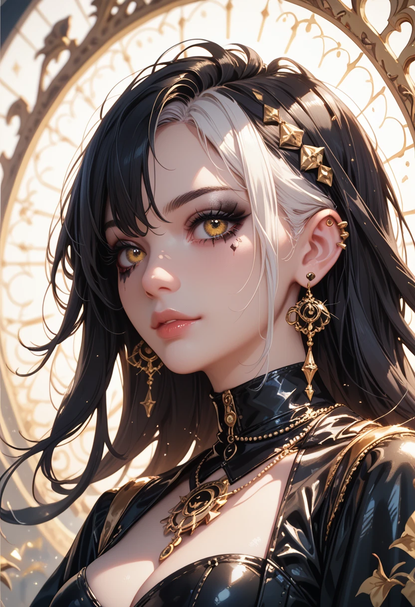 1woman, LONG black hair and white hair, yellow eyes, golden accessoires and piercings, e-girl makeup, goth clothes, gold and black tarot backdrop