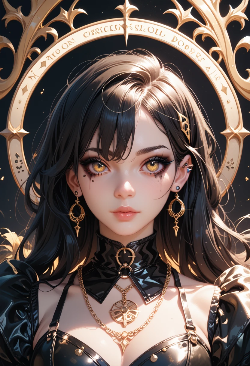 1woman, LONG black hair and white hair, yellow eyes, golden accessoires and piercings, e-girl makeup, goth clothes, gold and black tarot backdrop