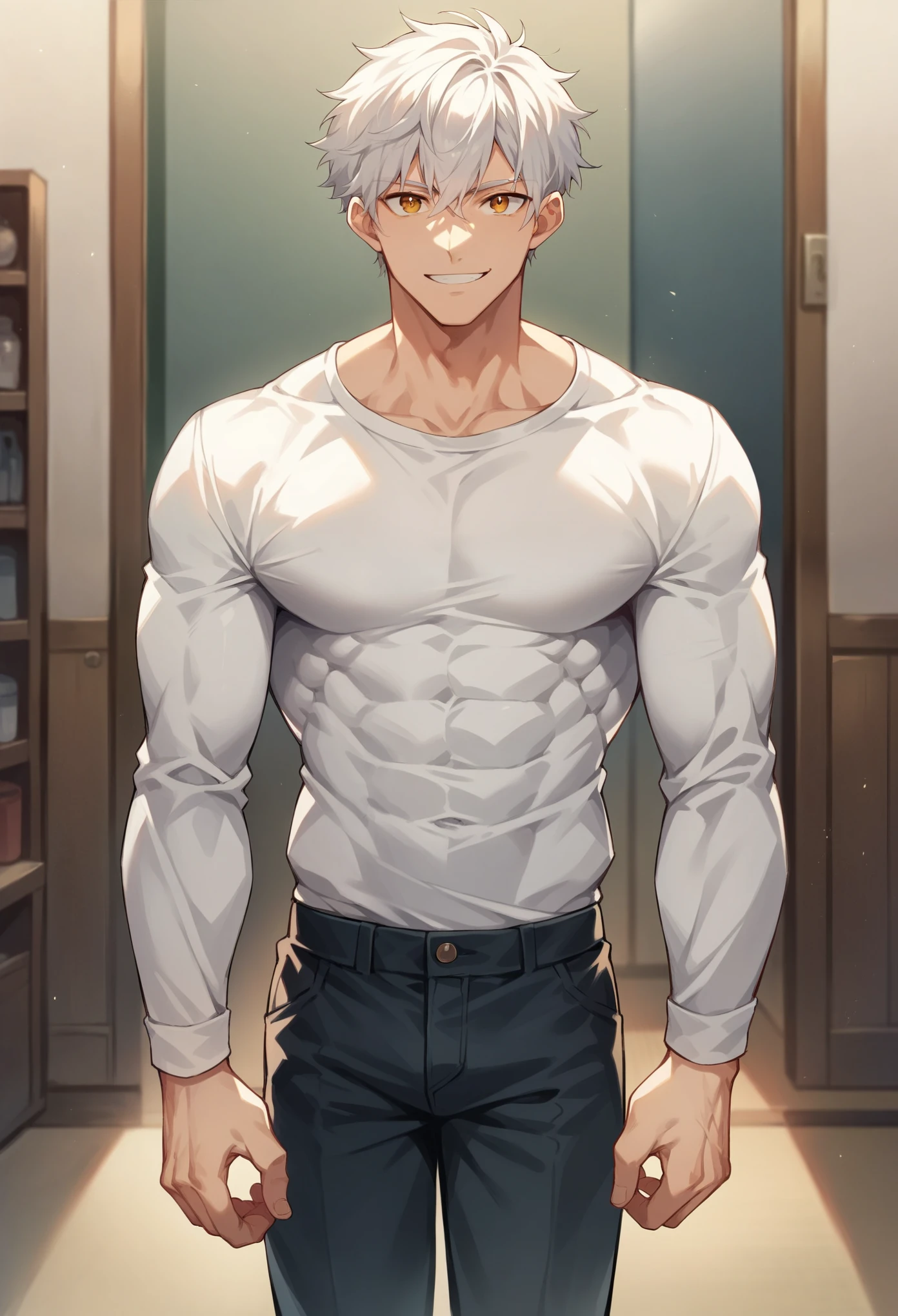 score_9, score_8_up, score_7_up, score_6_up, 1boy, solo, straight hair, short hair, White-silver hair, amber eyes, muscular, gigachad, white shirt, long sleeves, pants, indoors, standing, looking at viewer, smile.