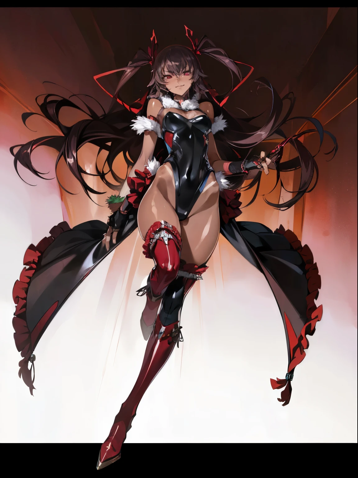 (Best Quality、masterpiece:1.2, mature women), Yuki Mizuark-skinned woman ) （  brown long hair 、red eyes、 red ribbon、((high gloss black leather leotard)) (( Black thigh-length boots , Taimanin Suit、Fingerless gloves,  frill leotard,  fur trim,One Piece Tan,)), ((Malicious look、Vulgar smile))