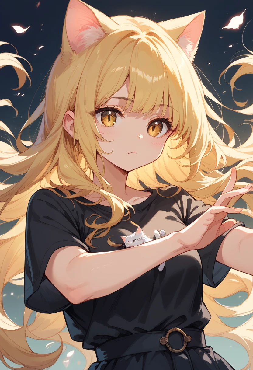 Beautiful detailed hair, beautiful details of the eyes, girl,  yellow hair is fighting,  long hair , cat girl, cat ears, Gangster, adult, cute, Black shirt ,  yellow eyes 