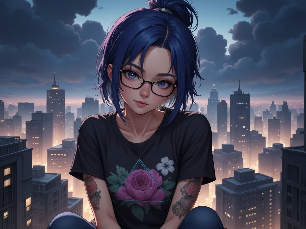 one night, Anime style, a woman, with dark glasses, which make it impossible to see her eyes. sitting, smiling, not looking at the camera, not looking at the viewer. on top of a building, full of lights. hair tied up, blue hair, lip piercing, purple lipstick, freckles on her face. floral tattoos all over the body.  urban clothes, cocoon. printed pyramid t-shirt, golden ratio, animation details, beautifully, trends QuixelMegascans, perfect image, ultra high resolution, perfect composition, detailed, super color, (high detail skin: 1.2), 8K Ultra HD, soft light, High Quality , film grain,

