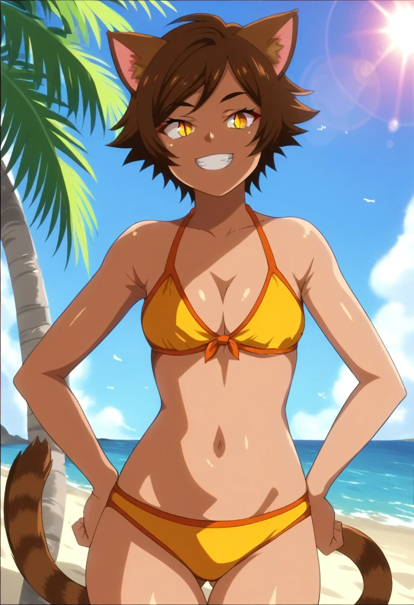 score_9, score_8_up, score_7_up, anime screencap,
1girl, open mouth, smile, grin,
short hair, brown hair, brown eyes, yellow eyes, slit pupils, animal ears, cat tail, striped tail, brown tail,
AnyaFlomer, yellow bikini, cleavage, small breasts,
hands on own hips, thigh gap, standing, looking at viewer,
horizon, beach, palm tree, lens flare, evening