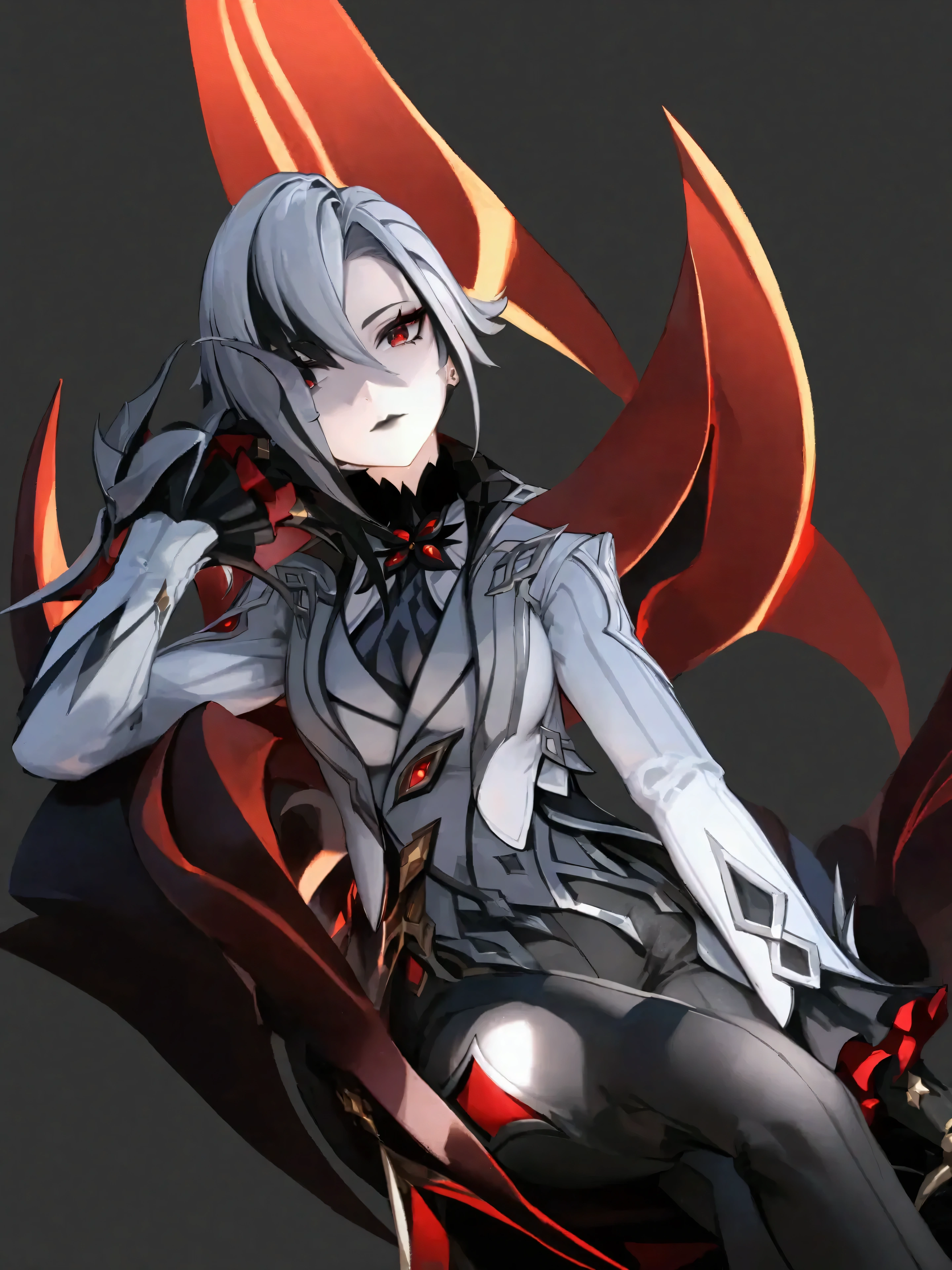 Adult woman, short gray hair, spike hair, red eyes, black eyeshadow, black lipstick, white aristocrat jacket, black tigh pants, large breasts, muscles, claws, castle, sitting on armchair, Arlechino from Genshin Impact, Masterpiece, best quality, Full HD, 8k, ultra details, great graphic,hand on face, head bowed