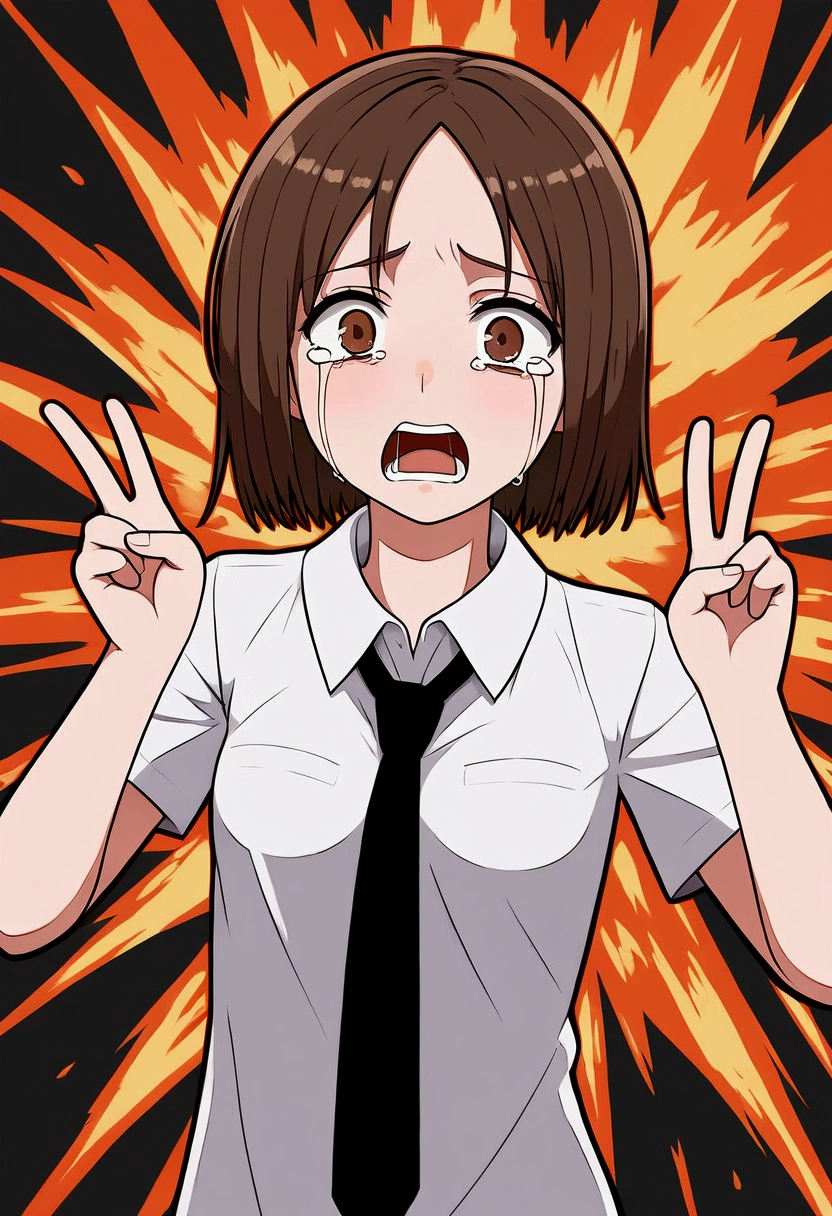 1 Girl, Kobeni,  Small Breasts ,  White collar shirt ,  Fear, ( black tie ), (Shirt Stains), (dyeing),   is looking for viewers , (Scared:1.2), (Tears:1.1), (Brown eyes), (Peace Sign),Explosion Background, (masterpiece:1.2),  best quality , masterpiece,  high resolution, original,  very detailed wallpaper, ( super detailed), (Best example), ( best shadows ), 