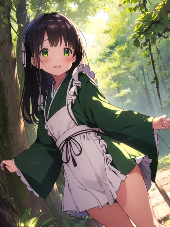 (Ujimatsu Senya)、(whole body:2)、()、 one girl playing pranks、Long Hair、Green kimono、White ruffled apron、Black Hair、 cropped bangs 、Demure、 Smiling gently、  detailed background、Delicate drawing、 High Quality 、  sunlight filtering through the trees、Gentle Breeze、Red Flower、