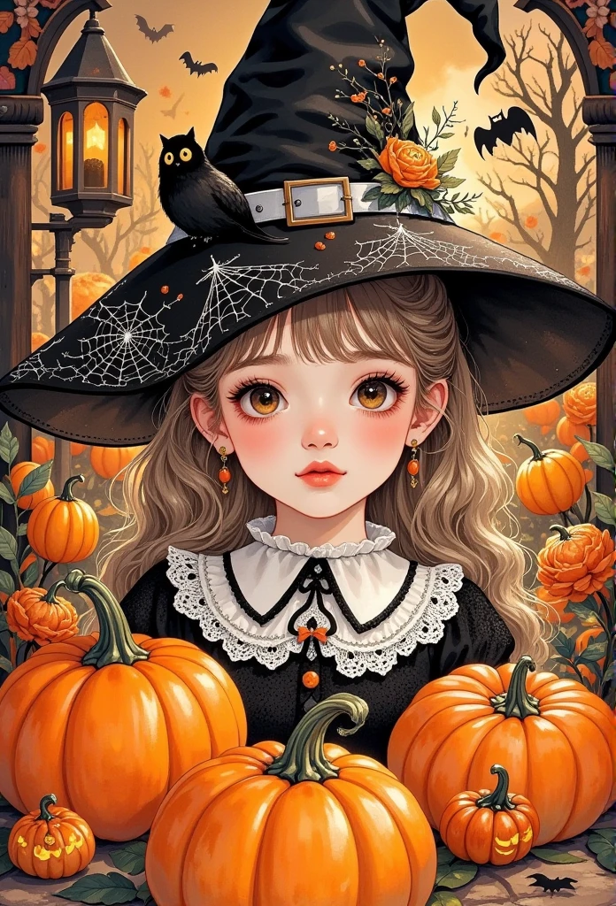 a close up of a child in a witch costume surrounded by pumpkins, a picture by Andreas Rocha, trending on cgsociety, fantasy art, witch girl, halloween art style, scarry but bewitching, witch fairytale, adorable digital painting, portrait of a young witch girl, 🍂 cute, bright witch, 🍁 cute, witchy, cute detailed digital art