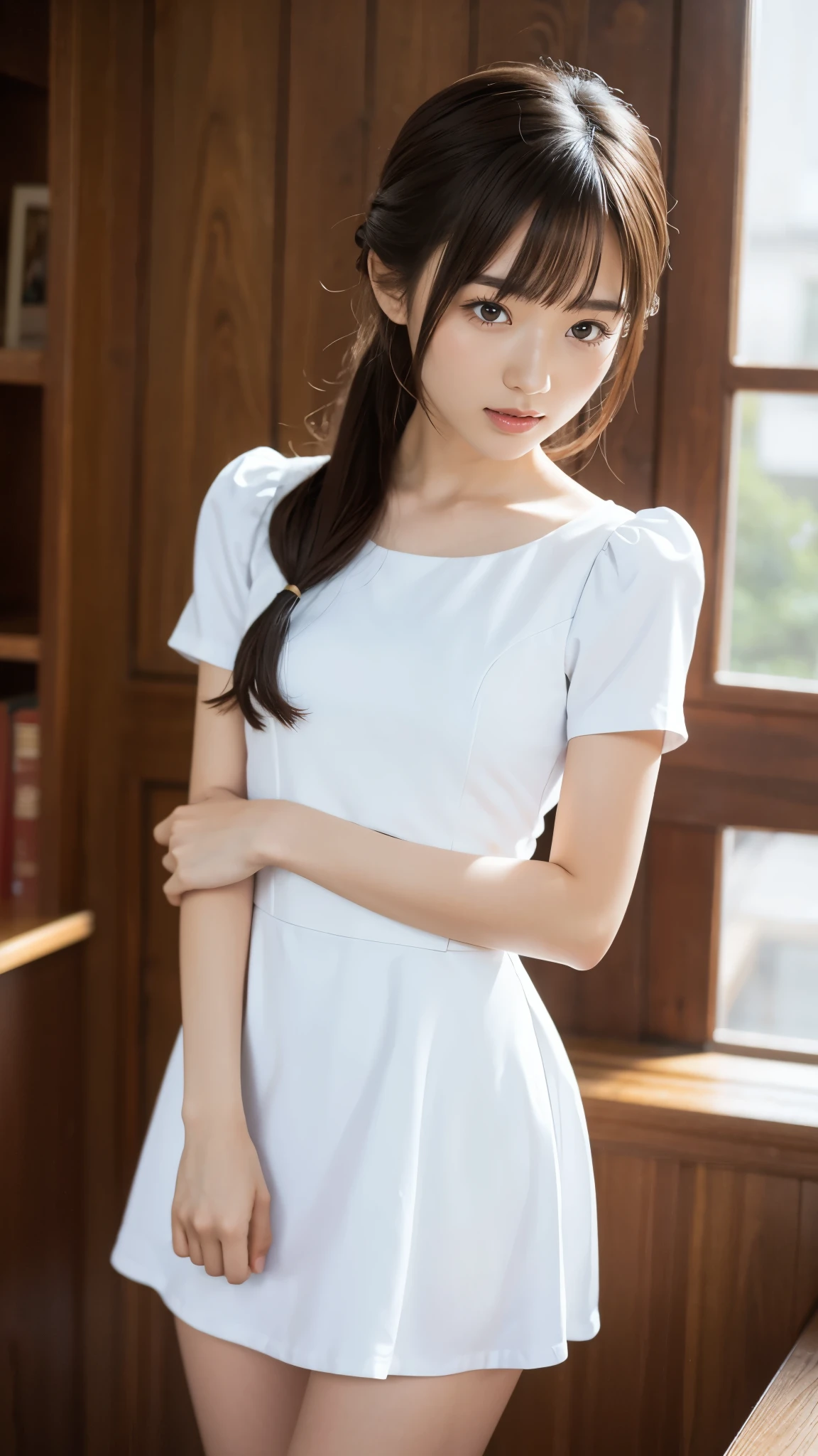 High school girl, Small and slender figure, slender body line, beautiful girl, , ((An expression that is about to surprise)), Best Quality, 8k, RAW Photos, ultra-fine, (Detailed hands:1.3, Perfectly right move, Small hands), ( detailed eyes and faces that resist tentacles:1.2, Professional photography), Beautiful breasts, tight waist , Beautiful small face, beautiful eyes, High nose, Moisturizing Lips:1.2, ((elegant and tight miniskirt dress, white dress)), ((Cute hairstyle))