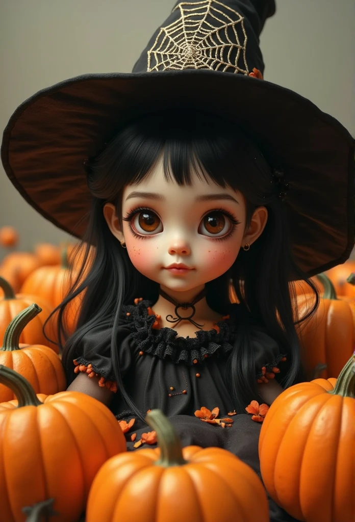 a close up of a child in a witch costume surrounded by pumpkins, a picture by Andreas Rocha, trending on cgsociety, fantasy art, witch girl, halloween art style, scarry but bewitching, witch fairytale, adorable digital painting, portrait of a young witch girl, 🍂 cute, bright witch, 🍁 cute, witchy, cute detailed digital art