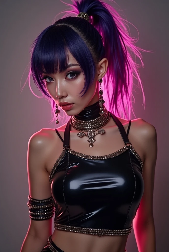(masterpiece), best quality, expressive eyes, Goddess woman, 35 years, colored inner hair, cowboy shot, bokeh, from behind, close-up, from above the mouth down, seductive look, black sleeveless shirt, erotic, white belt, red lips, saliva