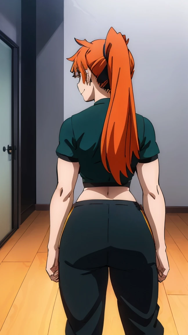 (Better quality:1.3), (4K quality), Good composition, bright green light, Headrest, Lips, ( long hair  atado bajo, (day:1.2), (smiling smile), gym, top black, Exercise, ((black micro top )), huge ass,  huge thighs ,  gigantic ass, Show ass on screen  [Kendou Itsuka], [ Boku no hero Academia], (( masterpiece )), (( high definition)), (( high quality)),  Beautiful anime girl showing her ass, anime badass 8k,  better noise removal , La Better quality, best render ,  orange hair , tied hair,  long hair ,  long hair  atado,  wide hips,  thin waist, muscle girl, hidden hands, Full arms, without errors,  long hair  atado, high ponytail on the left side of her head , hide breasts ,  ponytail on the left of the head part of her hair stands up in large tufts on the top of her head, no mask, Cover face , girl turning her back, Anime girl looking back,  cover face ,  orange hair , orange hair, eyes green,  covered breasts , wearing a black sporty top ,  wearing black sports pants, top black, green eyes, hide breasts 
