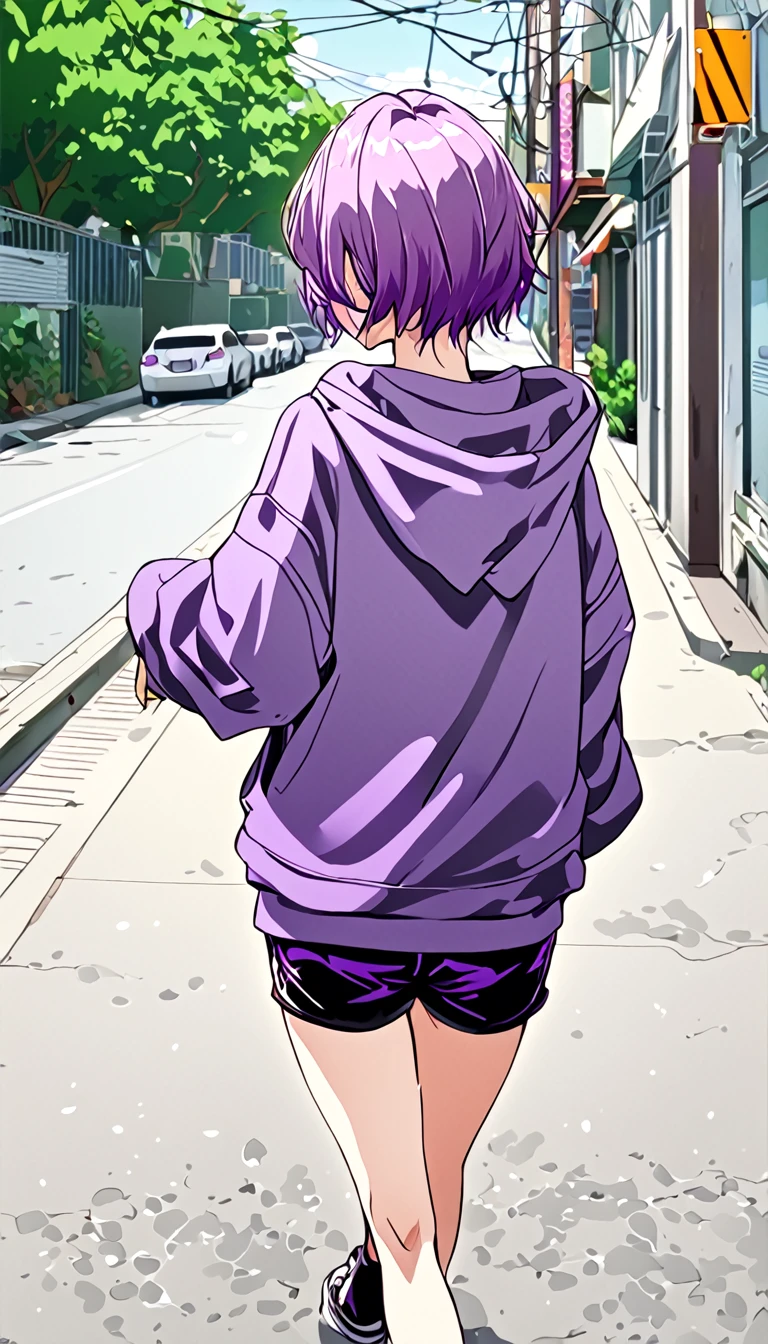 A filthy girl , With short hair it's black, dressed in purple sweatshirt short shorts, rebellious style,  walking down the sidewalk . back view 