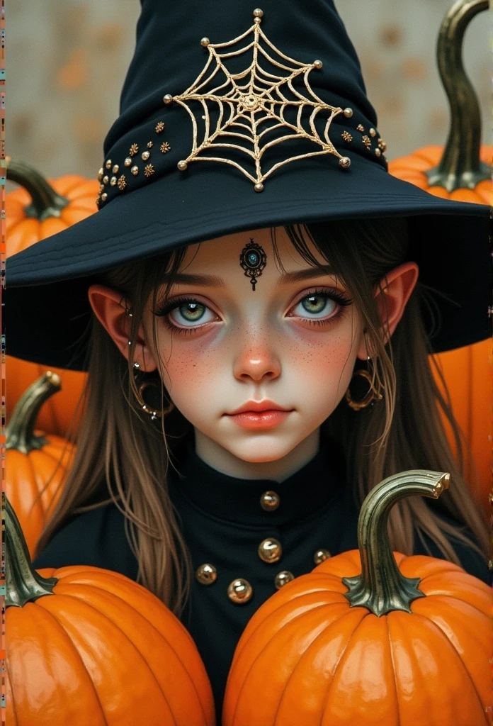 a close up of a child in a witch costume surrounded by pumpkins, a picture by Andreas Rocha, trending on cgsociety, fantasy art, witch girl, halloween art style, scarry but bewitching, witch fairytale, adorable digital painting, portrait of a young witch girl, 🍂 cute, bright witch, 🍁 cute, witchy, cute detailed digital art