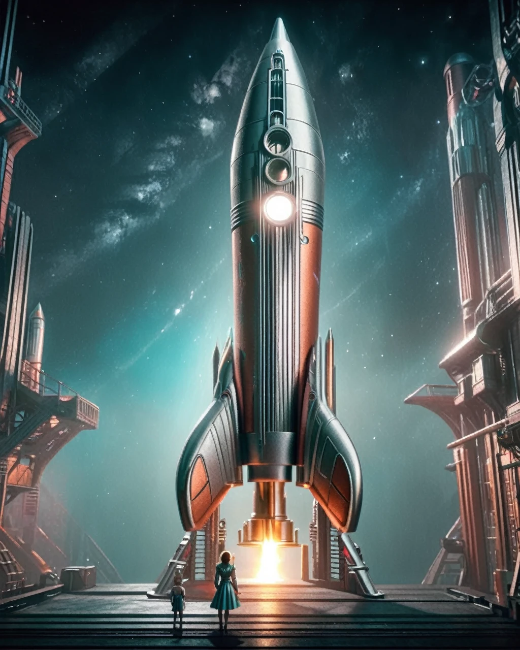 a retro-futuristic rocket, girl, space, sci-fi, cinematic lighting, vibrant colors, intricate details, dramatic atmosphere, photorealistic, 8k, high quality, masterpiece