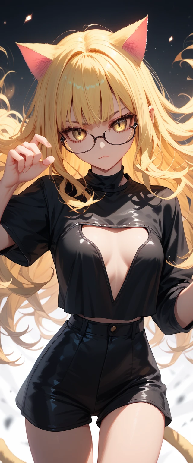  yellow hair is fighting,  long hair , cat girl, cat ears, Gangster, adult, cute, Black shirt , yellow eyes, rpg, mucus,  Smooth leather , glasses,    erotic pose, cutout,   High School of the Dead , 4K, 