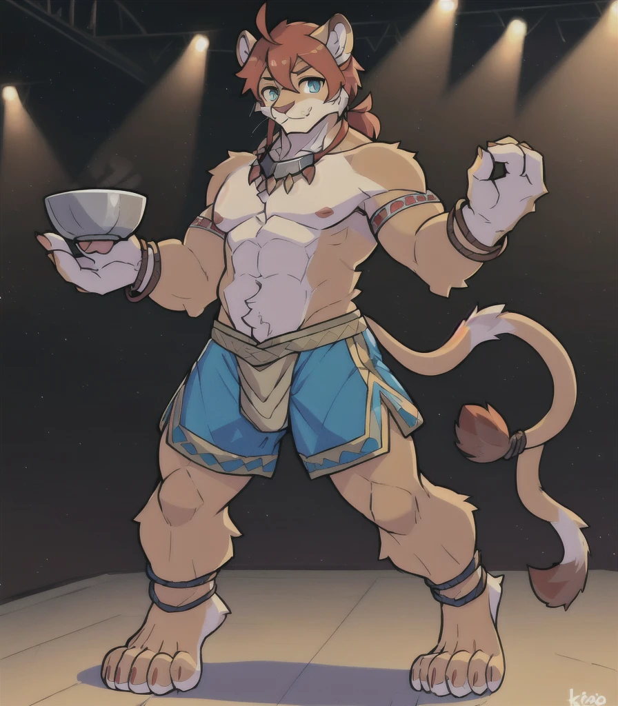 Born, masterpiece,   Best Quality , Realistic, hi res, An absurd solution, Complex eyes,      Intricate Weave     ,     Detail lighting  ,     high detail, ,     the depth of the written boundary ,
     beautiful eyes, Detailed eyes,
Arena,    Looking down on the audience    ,
(Alone),  Like fur,      anthro     , kemono,   lion, , thin, (    muscular body flowing through a bowl:1.2), adult,Age 30, male,      bodybuilder,Hercules,Strongest,,Golden Collar,ゴールデン     bracelet,: 190cm,Weight 90kg,Body hair, Tail tassel, moustache,Meatballs,     blue eyes    ,Long limbs,Long body,Long limbs,Long legs,Brown nipples,
Hair tied up,  Eyebrow hair  ,Ahoge,     side lock,Cross Bun,
 standing , smile,knees,ankle,Toes, Long body,Long arms,Long limbs,Long limbs,Long limbs,Long limbs,     cup earrings   ,
,   necklace   ,,     bracelet, Blue shorts,