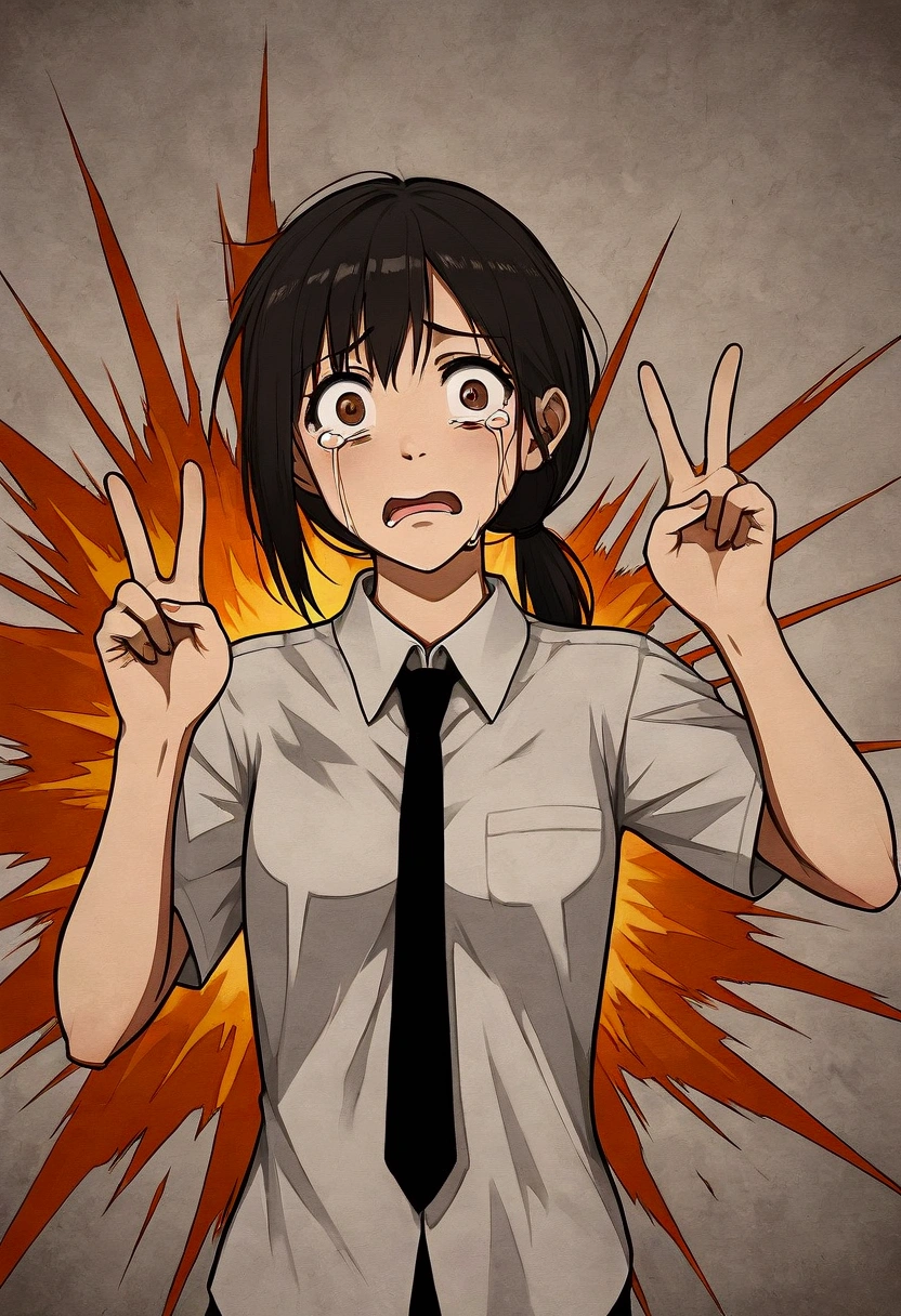 1 Girl, Kobeni,    black hair 、The one with a low ponytail，White collar shirt ,  Fear, ( black tie ), (Shirt Stains), (dyeing),   is looking for viewers , (Scared:1.2), (Tears:1.1), (Brown eyes), (Peace Sign),Explosion Background, (masterpiece:1.2),  best quality , masterpiece,  high resolution, original,  very detailed wallpaper, ( super detailed), (Best example), ( best shadows ), 