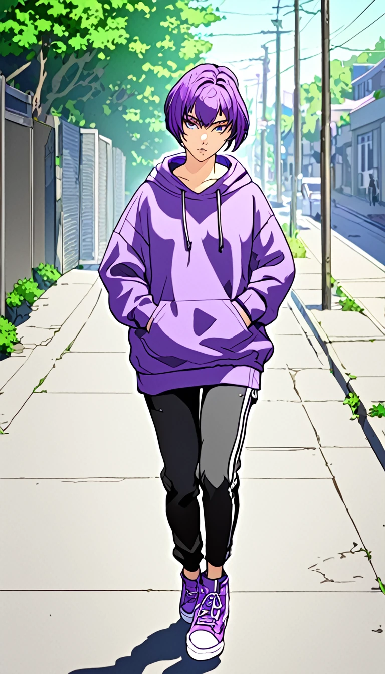 A filthy girl , With short hair it's black,  dressed in a purple sweatshirt  , rebellious style,  walking down the sidewalk .