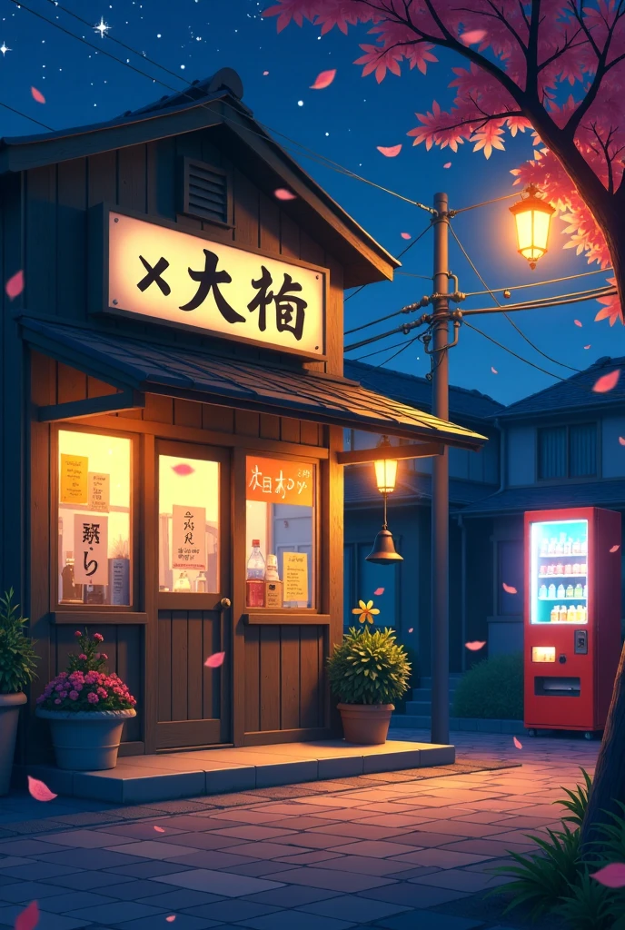 ** Prompt for Magical Scene in Japan :**

 A night scene an old neighborhood in Japan ,  where the clear sky is filled with stars ,  shining like small lanterns in the sky . in the center,  a very old convenience store with frayed wooden walls and a faded sign in Japanese characters.  The glass doors are a bit blurry ,  revealing an interior illuminated by lights warm and soft . 

 Next to the store ,  a modern and colorful soda machine contrasts with the vintage environment ,  its LED lights flashing blue and red ,  reflecting on the stone sidewalks .  Low street lamps cast a yellowish light ,  creating a cozy and nostalgic environment . At the entrance,  a small bell , attached to the door ,  wobbles slightly with the night breeze .  Some cherry leaves fall softly ,  completing the mystical and tranquil setting of this magical night .
Water effect .
 Reflective effect.
Ultra Detailed. 
(anime style 32K, HDR, UHD, intricate detail, extremely intricate detail, hyperrealistic, extremely realistic, high quality, vivid color, extremely detailed).