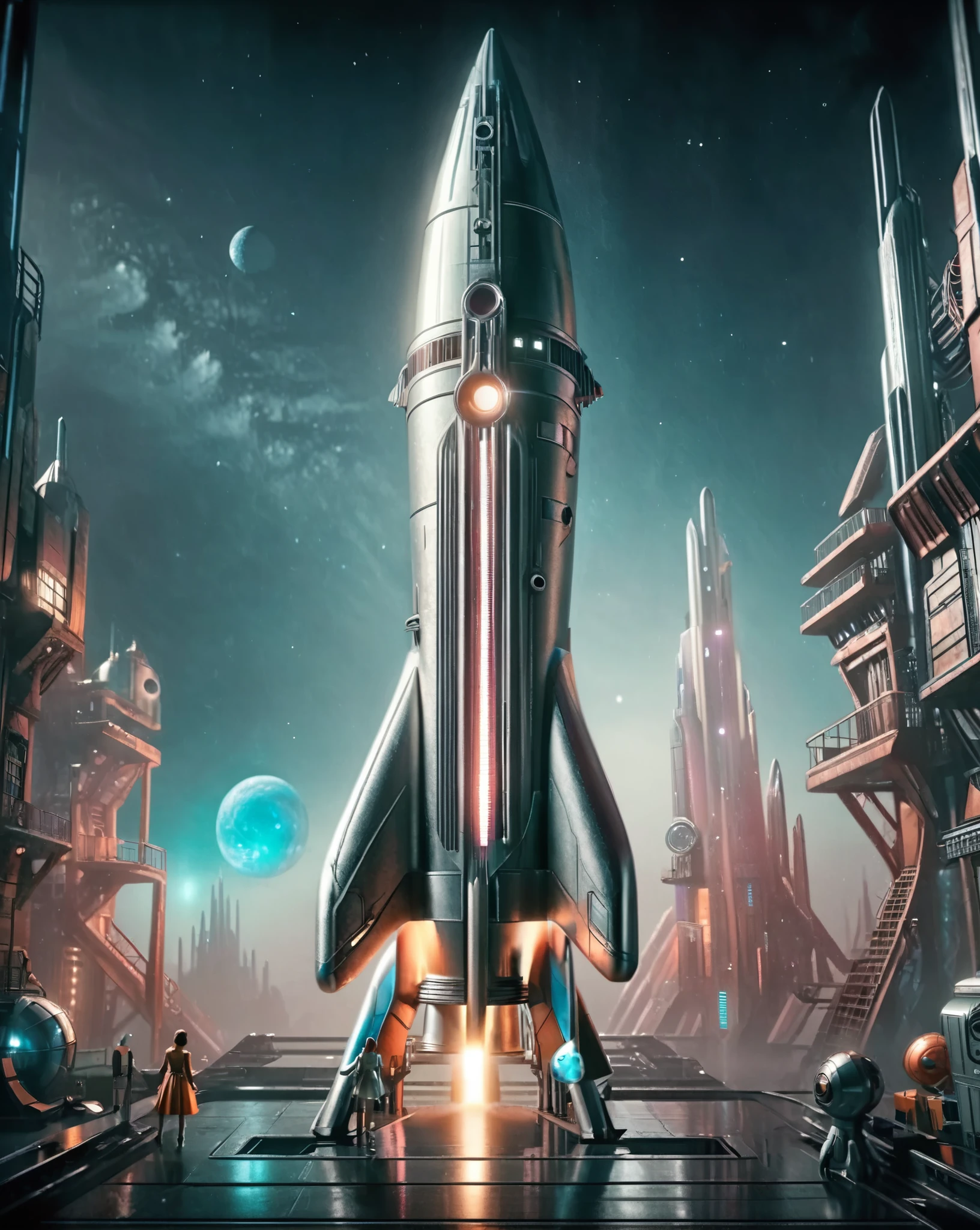 a retro-futuristic rocket, girl, space, sci-fi, cinematic lighting, vibrant colors, intricate details, dramatic atmosphere, photorealistic, 8k, high quality, masterpiece