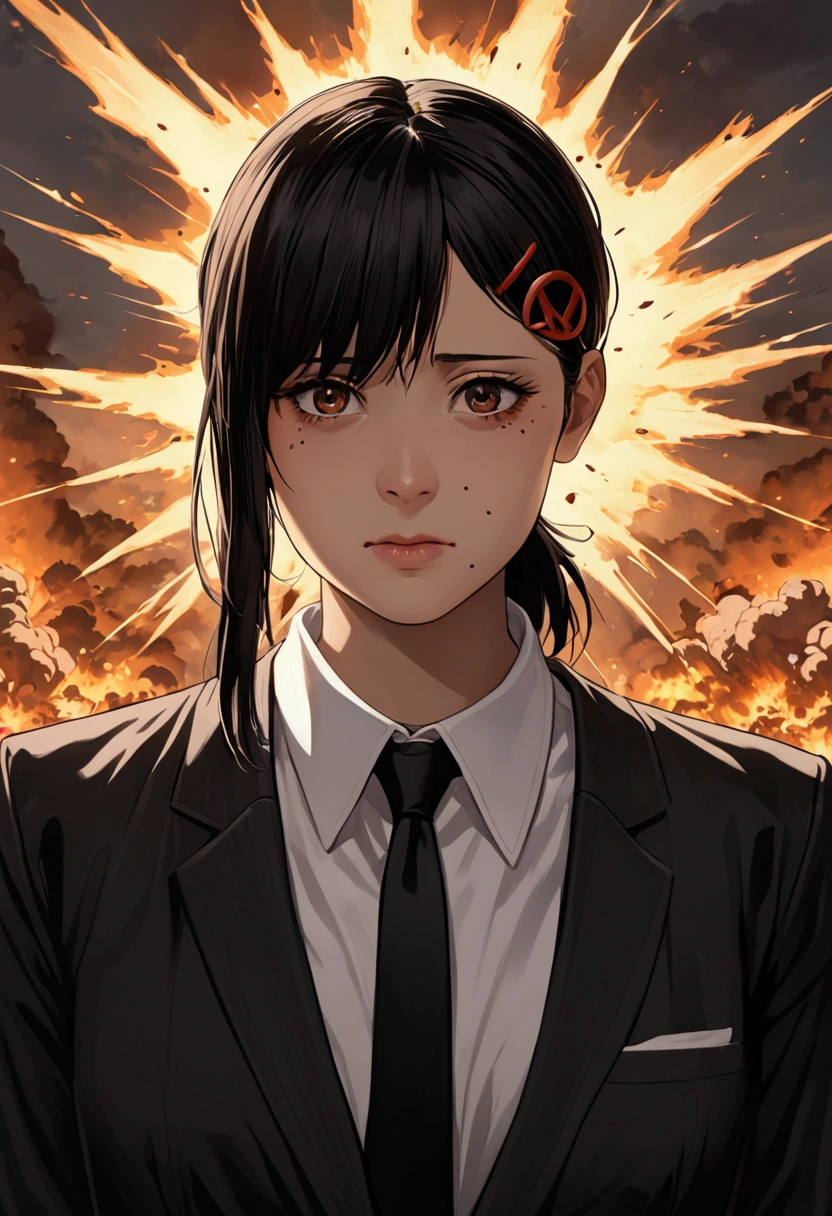 1 Girl, Kobeni,  black hair 、The one with a low ponytail，White collar shirt , Fear, ( black tie ), (Shirt Stains), (dyeing),  is looking for viewers , (Scared:1.2), (Tears:1.1), (Brown eyes), (Peace Sign),Explosion Background, (masterpiece:1.2),  best quality , masterpiece,  high resolution, original,  very detailed wallpaper with a low ponytail, ( super detailed), (Best example), ( best shadows ),