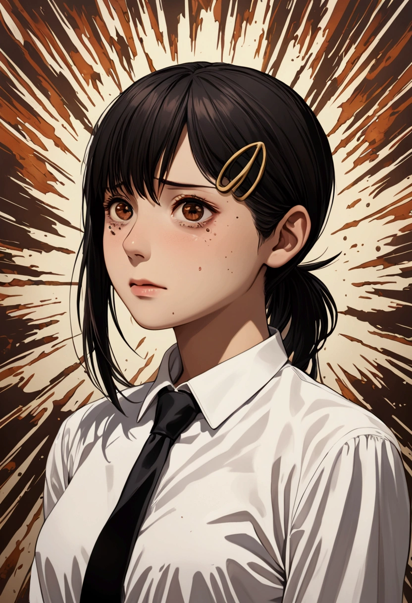 1 Girl, Kobeni,  black hair 、The one with a low ponytail，White collar shirt , Fear, ( black tie ), (Shirt Stains), (dyeing),  is looking for viewers , (Scared:1.2), (Tears:1.1), (Brown eyes), (Peace Sign),Explosion Background, (masterpiece:1.2),  best quality , masterpiece,  high resolution, original,  very detailed wallpaper with a low ponytail, ( super detailed), (Best example), ( best shadows ),