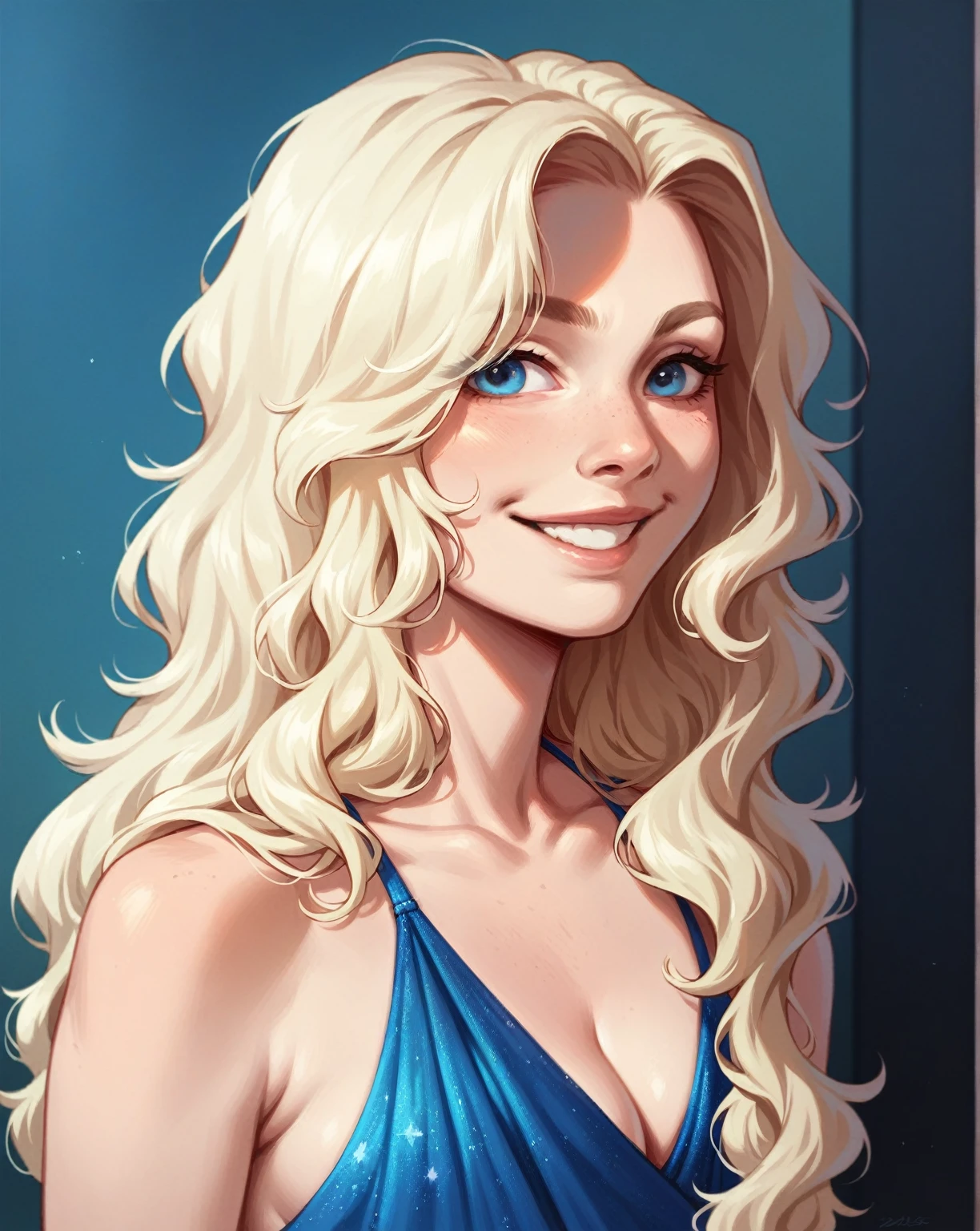 portrait, DETAILED, Higher quality: a female fox ,  with medium long curly blonde hair, attire:  an illuminated dress , bottom: BLUE ROOM, pose: standing,  looking at the spectator ,  smiling, ( shot angle : half body).