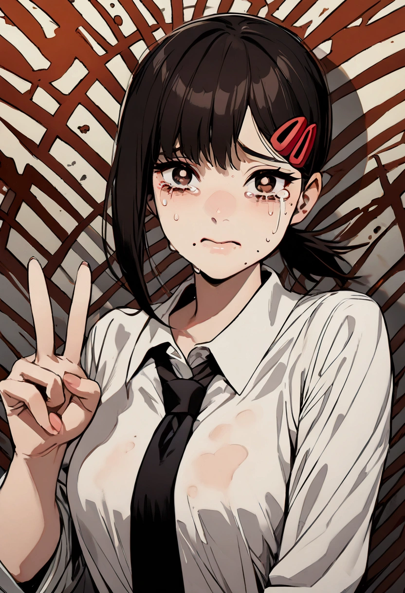 1 Girl, Kobeni,  black hair 、The one with a low ponytail，White collar shirt , Fear, ( black tie ), (Shirt Stains), (dyeing),  is looking for viewers , (Scared:1.2), (Tears:1.1), (Brown eyes), (Peace Sign),Explosion Background, (masterpiece:1.2),  best quality , masterpiece,  high resolution, original,  very detailed wallpaper with a low ponytail, ( super detailed), (Best example), ( best shadows ),