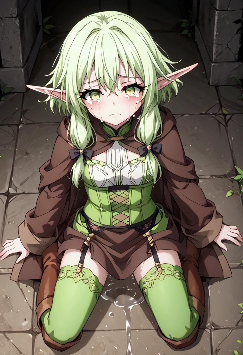  High image quality 、masterpiece、 high quality、Full HD、4K、 View from above 、Put your hands on the ground 、 Green Shortcut 、 Green Eyes 、Elf Ears、  Removes eye highlights 、 Darkens the inside of the eye  、White tops、Green corset 、Brown Robe 、 Black Garter Belt 、Green Stockings、Brown boots、trembling、Scream、Feelings of despair、Frightened、Crying face、tears、 Puddle on the Ground 、Ruins