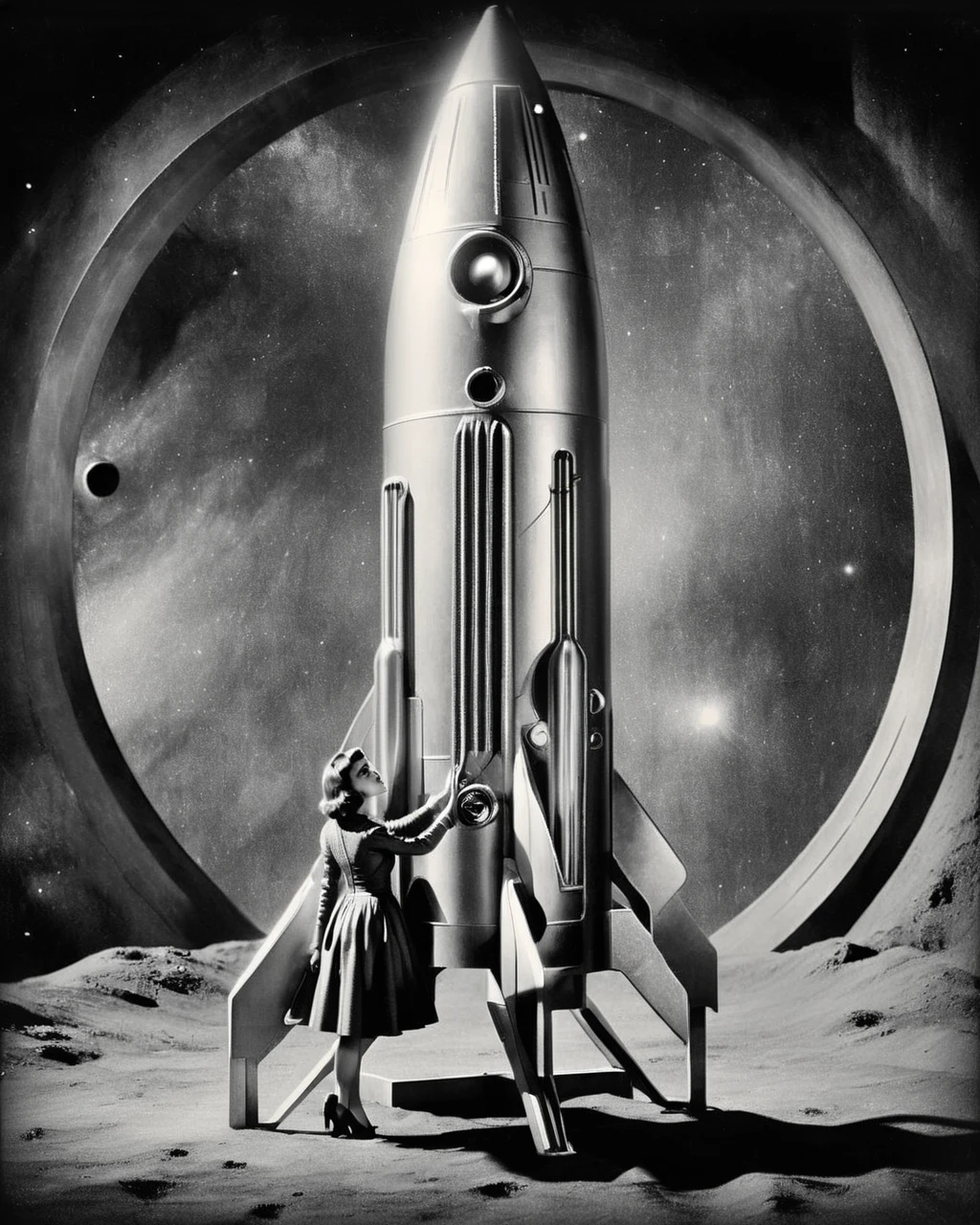 1 girl,Photo of a retro rocket_futurist, in space, sci-fi , 