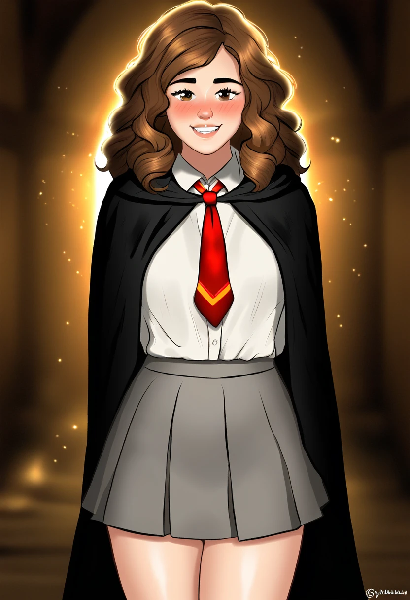 score_9, score_8_up, score_7_up, score_6_up, very aesthetic, cute, sexy, hot, blush, flushed, blushing, bokeh:1.2, ((gray pleated skirt, hogwarts uniform, Hogwarts, hermione granger, long curly brown hair, brunette, black cloak, white dress shirt, red and gold tie, gray skirt)), smile, smiling, white teeth,