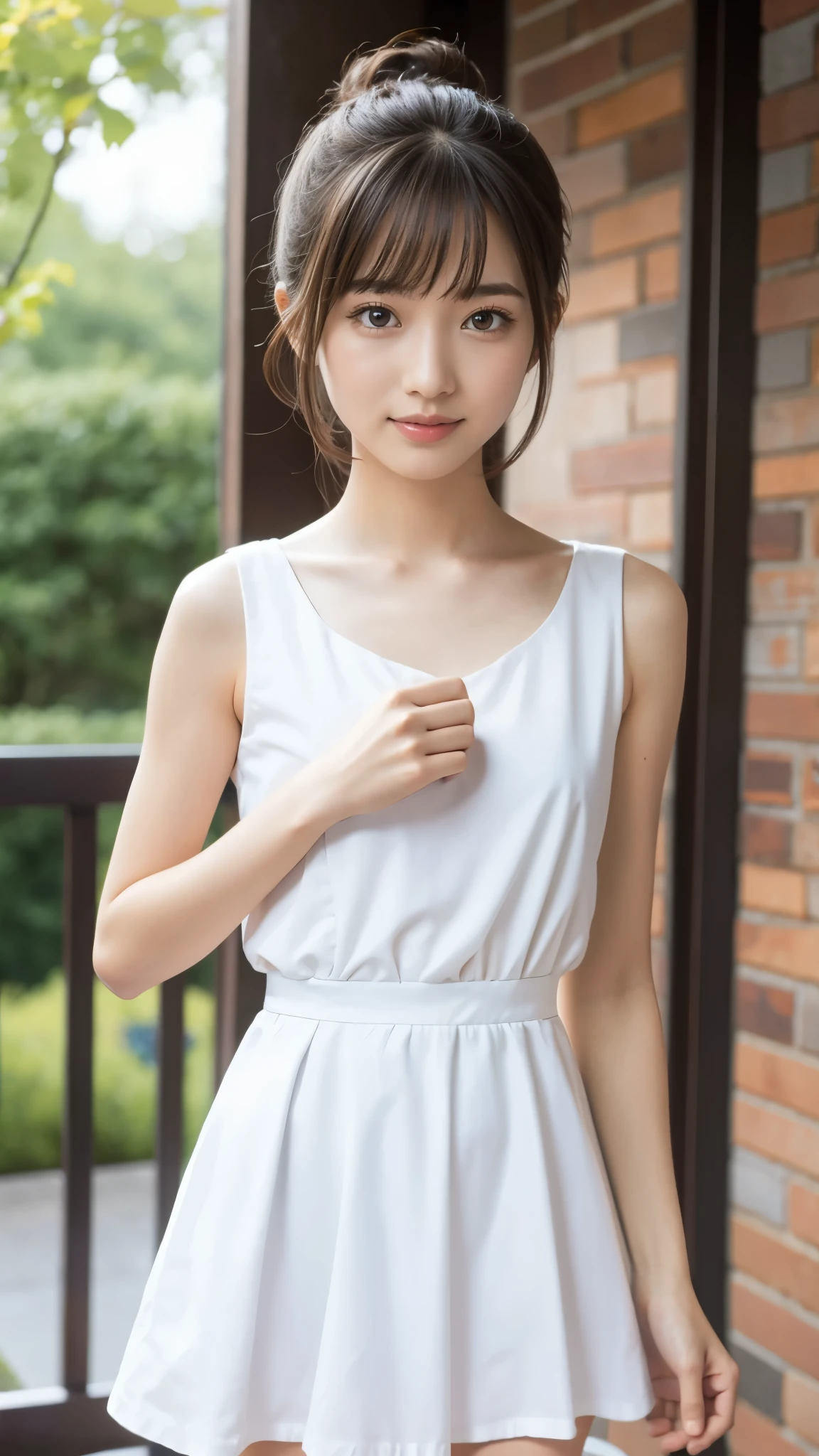 High school girl, Small and slender figure, slender body line, beautiful girl, , ((An expression that is about to surprise)), Best Quality, 8k, RAW Photos, ultra-fine, (Detailed hands:1.3, Perfectly right move, Small hands), ( detailed eyes and faces that resist tentacles:1.2, Professional photography), Beautiful small face, beautiful eyes, High nose, Moisturizing Lips:1.2, ((cute plain miniskirt white dress)), ((Cute hairstyle))
