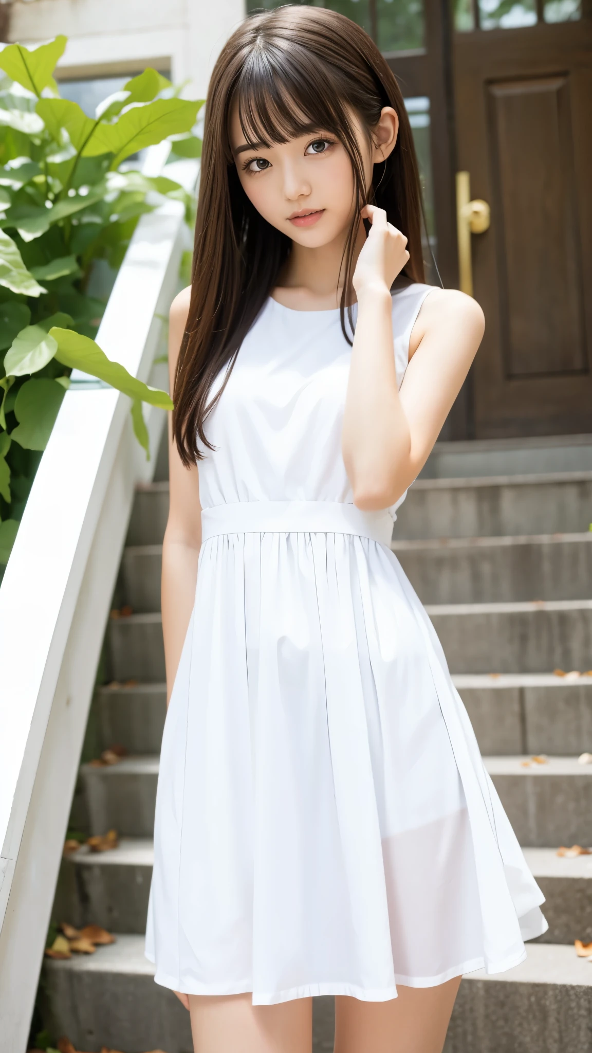 High school girl, Small and slender figure, slender body line, beautiful girl, , ((An expression that is about to surprise)), Best Quality, 8k, RAW Photos, ultra-fine, (Detailed hands:1.3, Perfectly right move, Small hands), ( detailed eyes and faces that resist tentacles:1.2, Professional photography), Beautiful small face, beautiful eyes, High nose, Moisturizing Lips:1.2, ((cute plain miniskirt white dress)), ((Cute hairstyle))