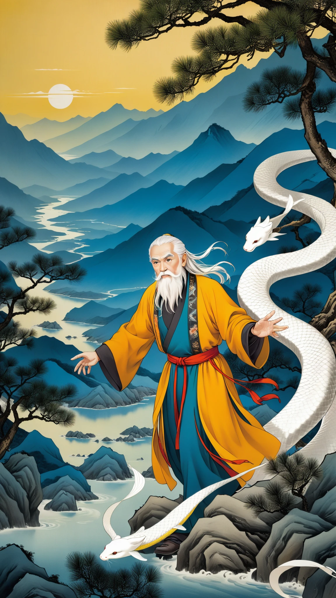 White-haired, white-bearded old man chases white snake， Chinese landscape background ， villain book picture book ， Liu Jiyi style ， high contrast ，Warm colors，Wide-angle lens，Side Light，Static，mystery。