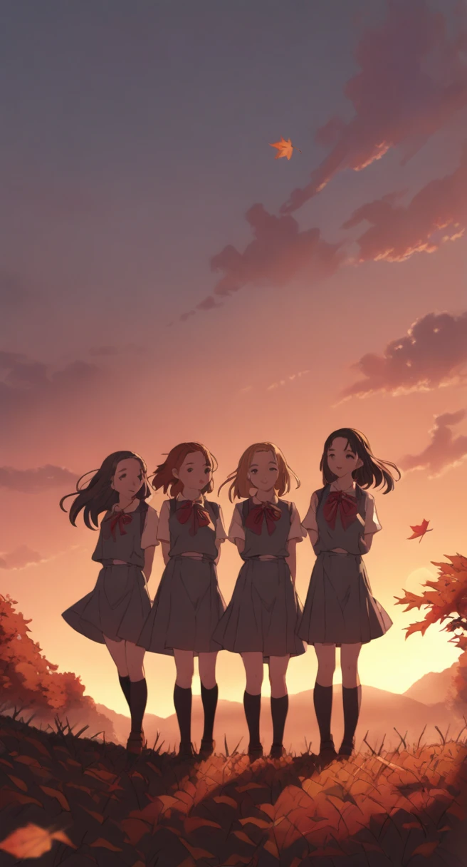 Autumn sunset and female middle school students in uniform