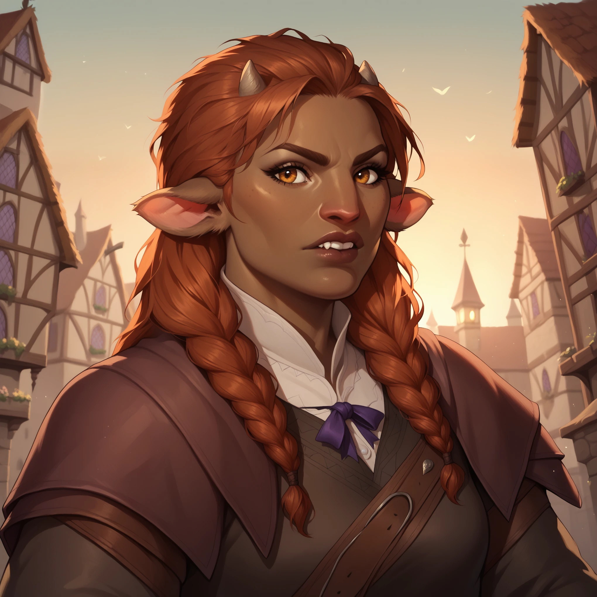 (((beautiful, high quality, comics style, detailed face))), score_9, score_8_up, score_7_up, BREAK, 1girl, Firbolg, furry, big nose, animal ears, small horns, brown skin, solo, portrait, upper body, portrait, serious expression, bearing teeth, medieval city background, fantasy, (dynamic lighting:1.1) ((masterpiece))