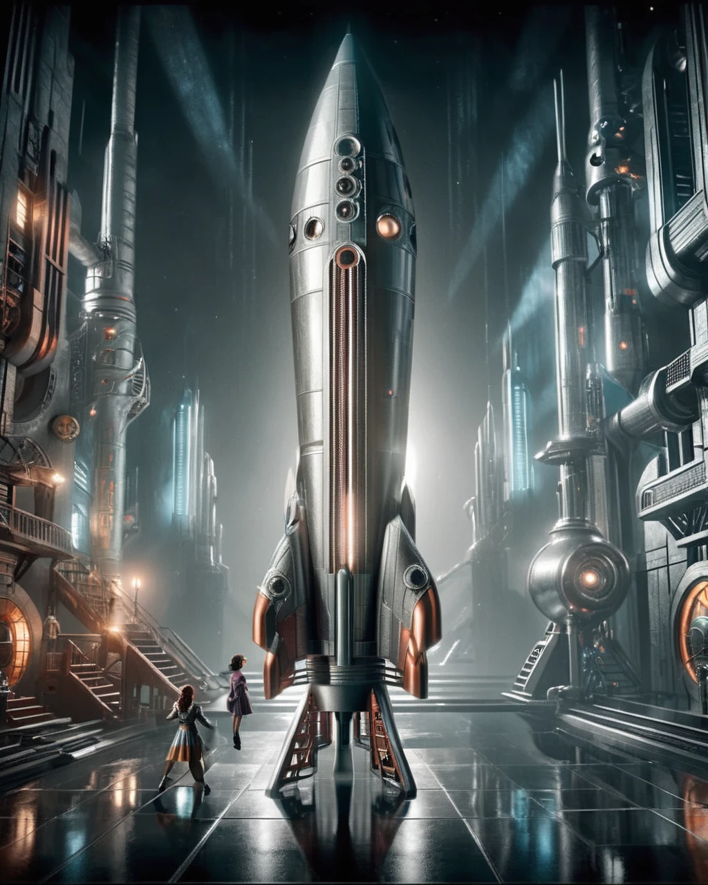 1 girl, retro-futuristic rocket, space, sci-fi, highly detailed, award winning, hyperrealistic, 8K, photorealistic, volumetric lighting, cinematic composition, dramatic lighting, vibrant colors, intricate details, elegant pose, mesmerizing atmosphere, sense of wonder and adventure, captivating storytelling