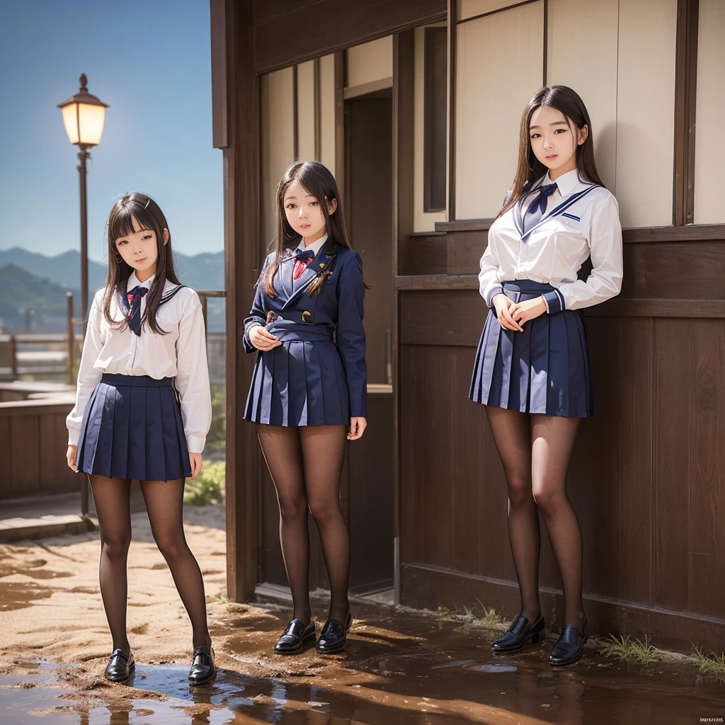 (((young tall Japanese girl wearing junior high school uniform))),(full body shot:2),  natural lighting, ultra sharp focus,huge breasts, ((beautiful face)), wearing pantyhose, standing on mud beach,(beautiful face:2)